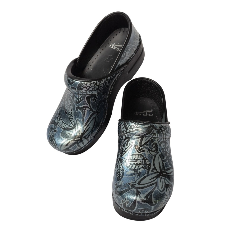 Dansko Womens Floral Patent Leather Clog Size 6 Black Blue Professional EUC